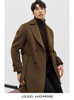 JSSD HOMME 羊毛双面呢大衣男士商务翻领双排扣中长款大衣男外套