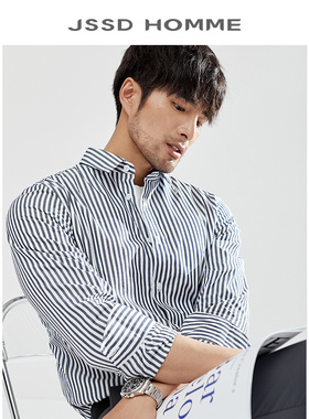 JSSD HOMME 春秋季条纹衬衣男纯棉衬衫男士经典方领长袖衬衫男款