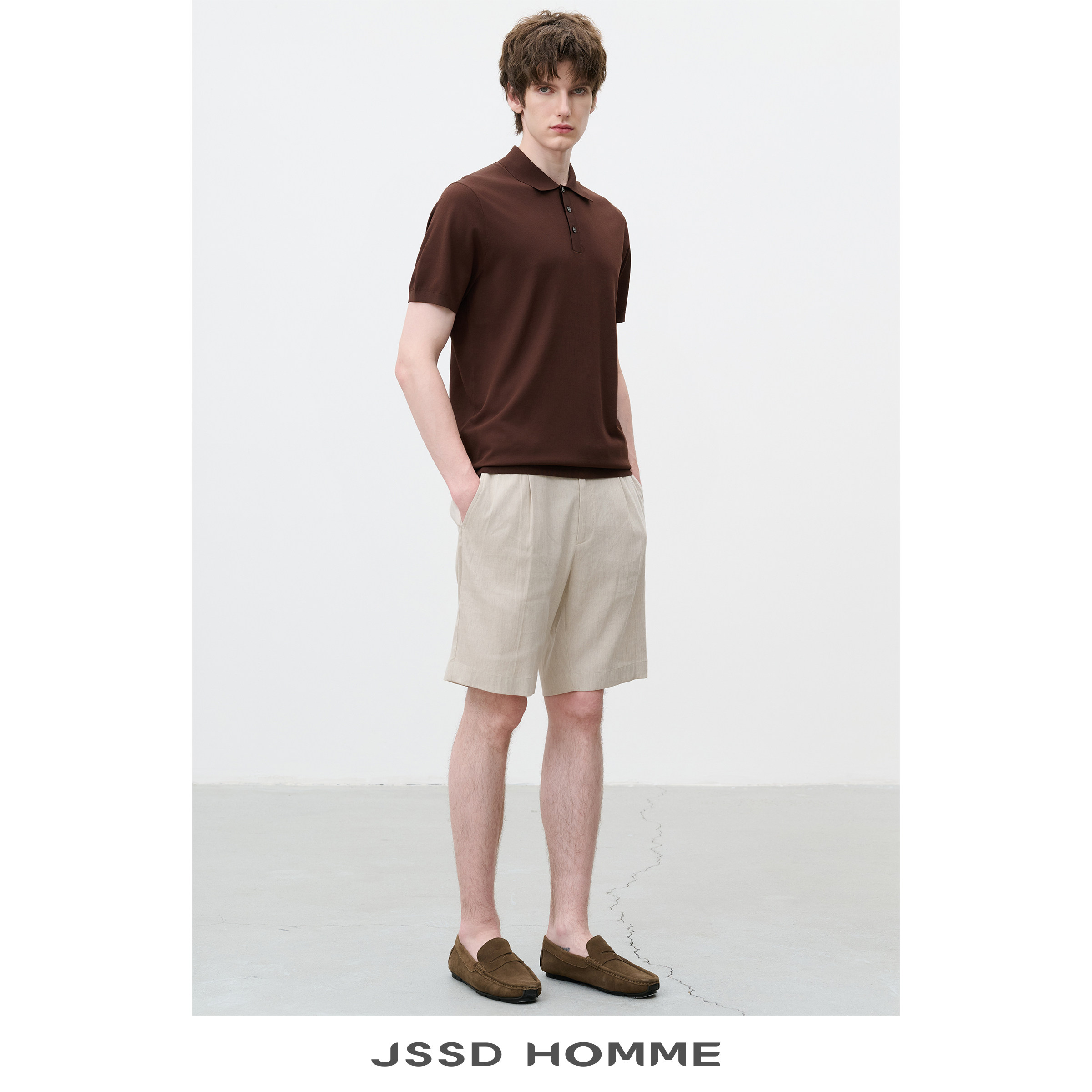 JSSD HOMME 夏季伊力特凉感纱线男士通勤翻领短袖针织衫男短袖男