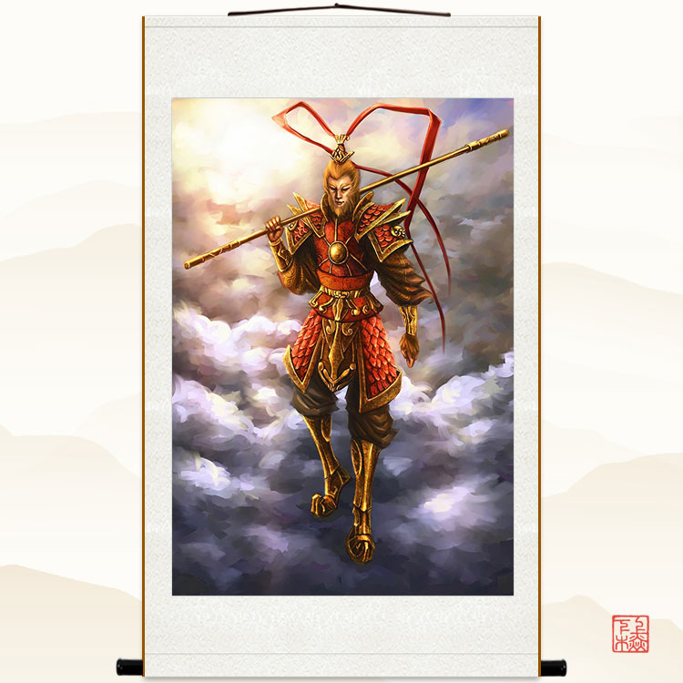 清晰孙悟空画像 齐天大圣美猴王神像画 卷轴挂画绢布