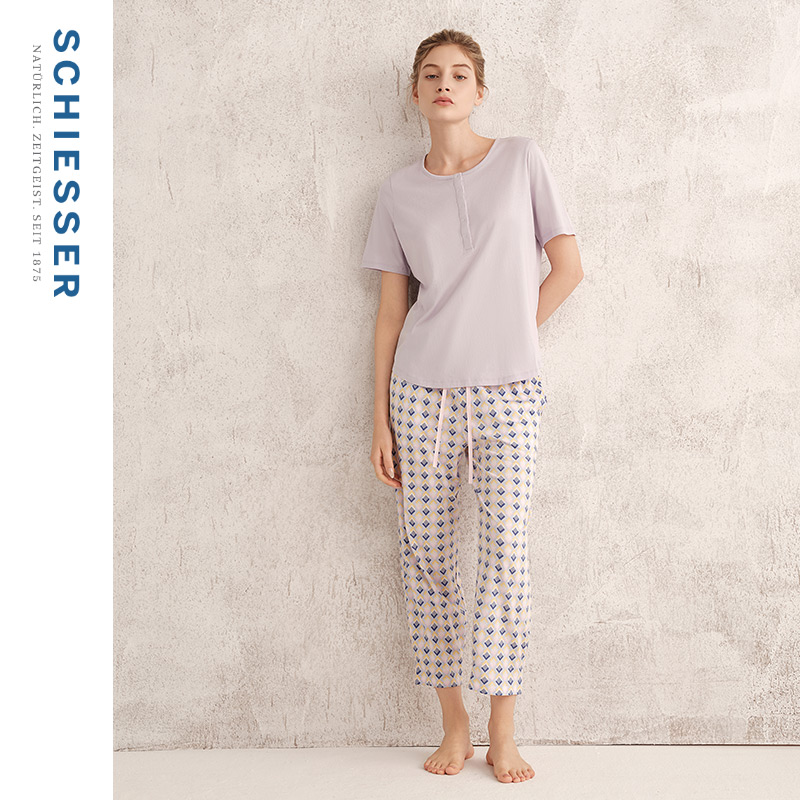 SCHIESSER舒雅25年春夏新品女士棉莫代尔印花圆领睡衣家居服套装