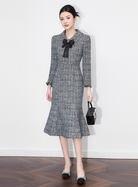 法师名媛气质小香风灰色粗花呢收腰显瘦鱼尾连衣裙2025年秋冬新款