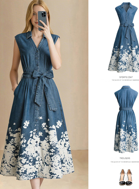 2026年春夏新款牛仔风水墨碎花连衣裙无袖V领收腰显瘦气质背心裙