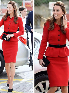 王妃同款2023欧洲站秋新款红色单排扣小外套高腰包臀半裙套装气质