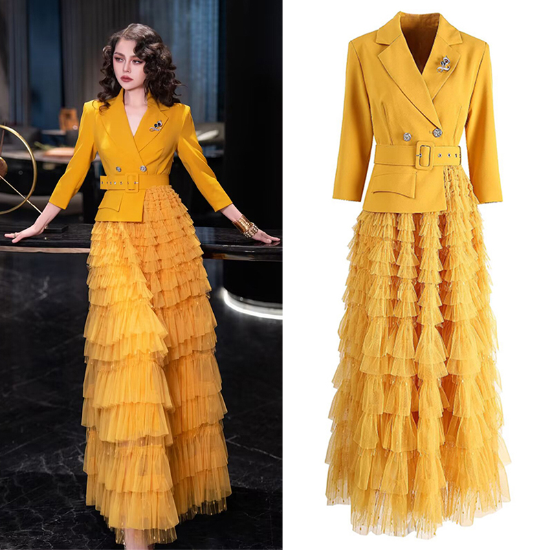 2026春夏新款OL通勤气质西装领拼接网纱连衣裙欧美高端定制假两件