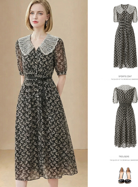 2026年春夏新款优雅娃娃领小马印花刺绣雪纺连衣裙收腰气质中长裙