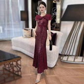 2025年秋冬高端酒红色婚宴礼服喜妈妈亮片连衣裙鱼尾裙端庄优雅女