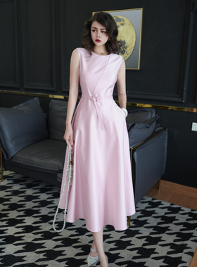 欧洲站2024春夏新法式优雅名媛气质无袖坎肩收腰大摆连衣裙高级感