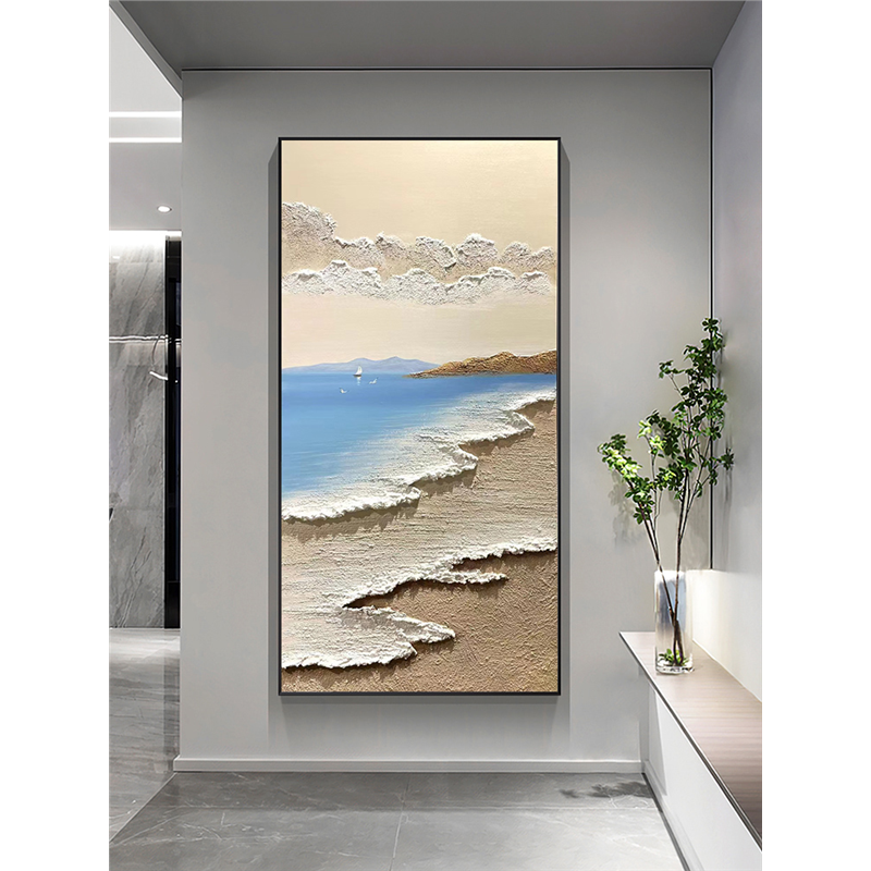 手绘油画玄关沙滩海浪海景过道走廊现代简约立体挂画厚肌理装饰画