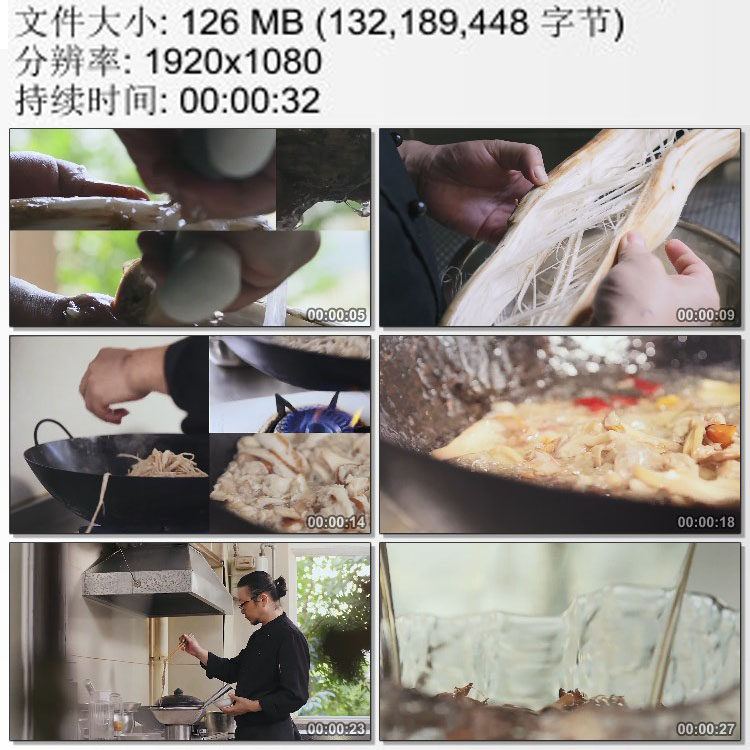 男人炒菜做饭 油炸鸡枞菌 巨型蘑菇 实拍视频素材图片