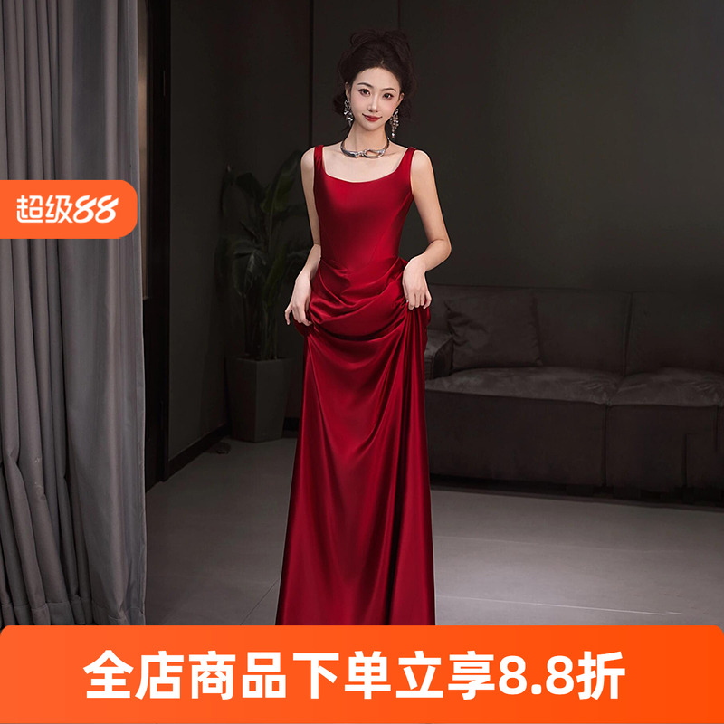 西太后晚礼服红色吊带订婚裙