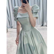 蓝色晚礼服缎面高级感学生毕业艺考声乐演出服主持人成人礼宴会裙