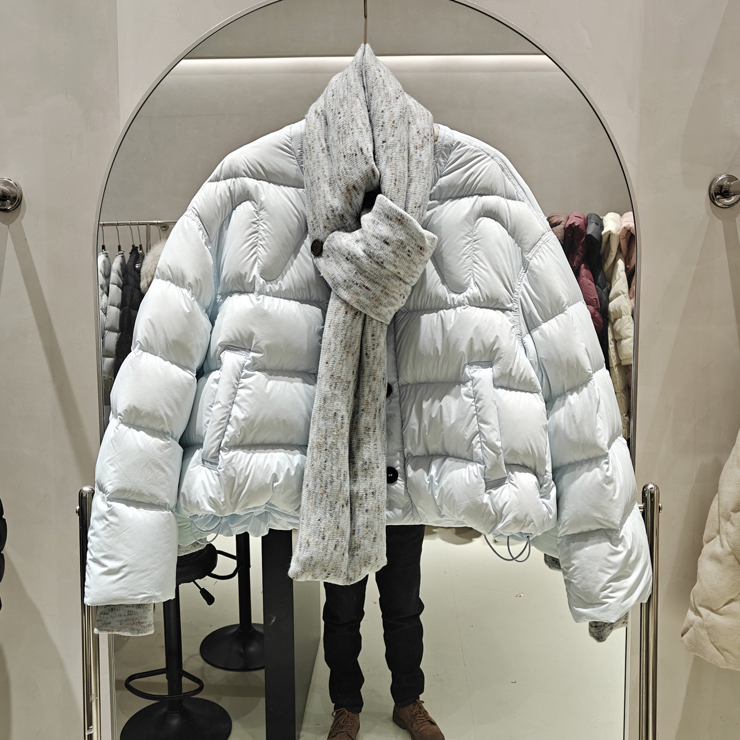 2025新爆款围巾微博拼接毛线袖口羽绒服女短款小个子宽松加厚外套