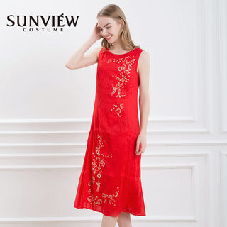 SUNVIEW/尚约品牌专柜夏季新品女装圆领无袖刺绣钉珠连衣裙