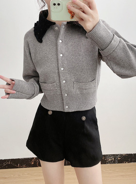 英杰S家2023早秋新款时尚气质拼色翻领短款针织开衫小外套230220