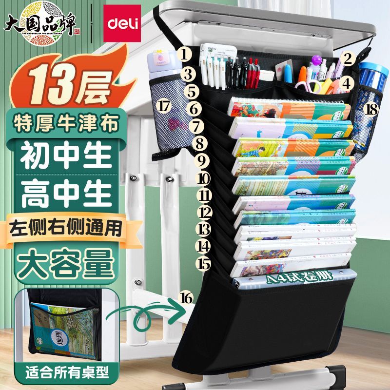 Deli得力大容量加厚桌边挂书袋1200D高中初中生书袋课桌收纳学生挂桌侧收纳书桌书袋挂袋课桌收纳袋开学文具