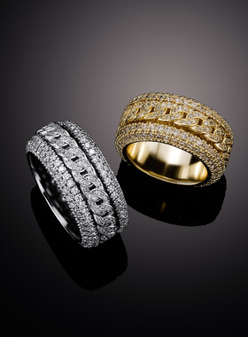 欧美嘻哈满钻古巴戒指男旋转铜镶