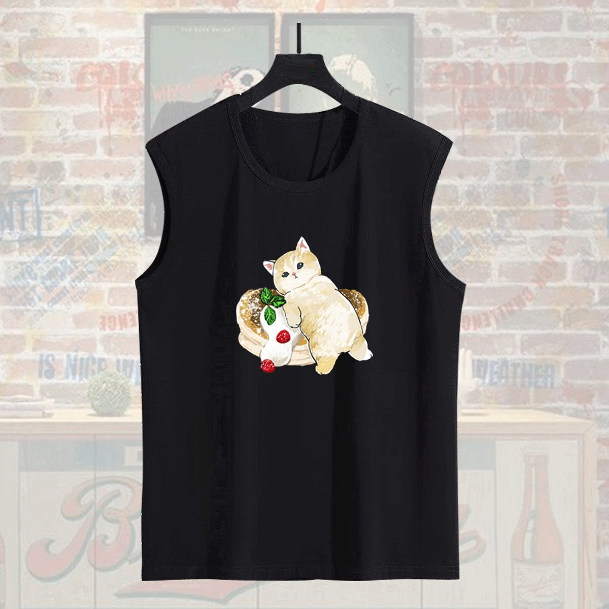 日系可爱卡通猫咪Q版联名潮牌情侣夏季男女休闲定制无袖T恤衫背心