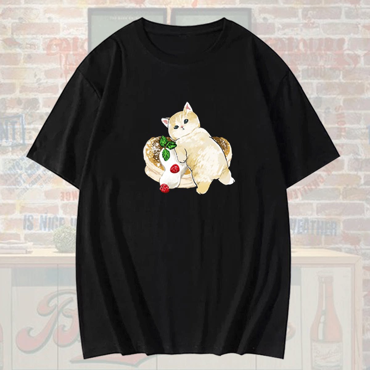 日系可爱卡通猫咪Q版联名潮牌情侣夏季男女定制半袖短袖纯棉T恤衫