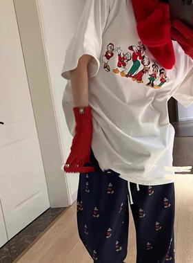 夏季新圆领套头韩版米奇印花加厚打底白色男友风慵懒宽松短袖T恤