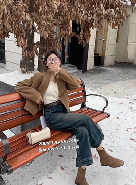 正品！ZUOMO佐陌复古植绒阔腿九分牛仔裤配腰带蓝色做旧秋冬新款