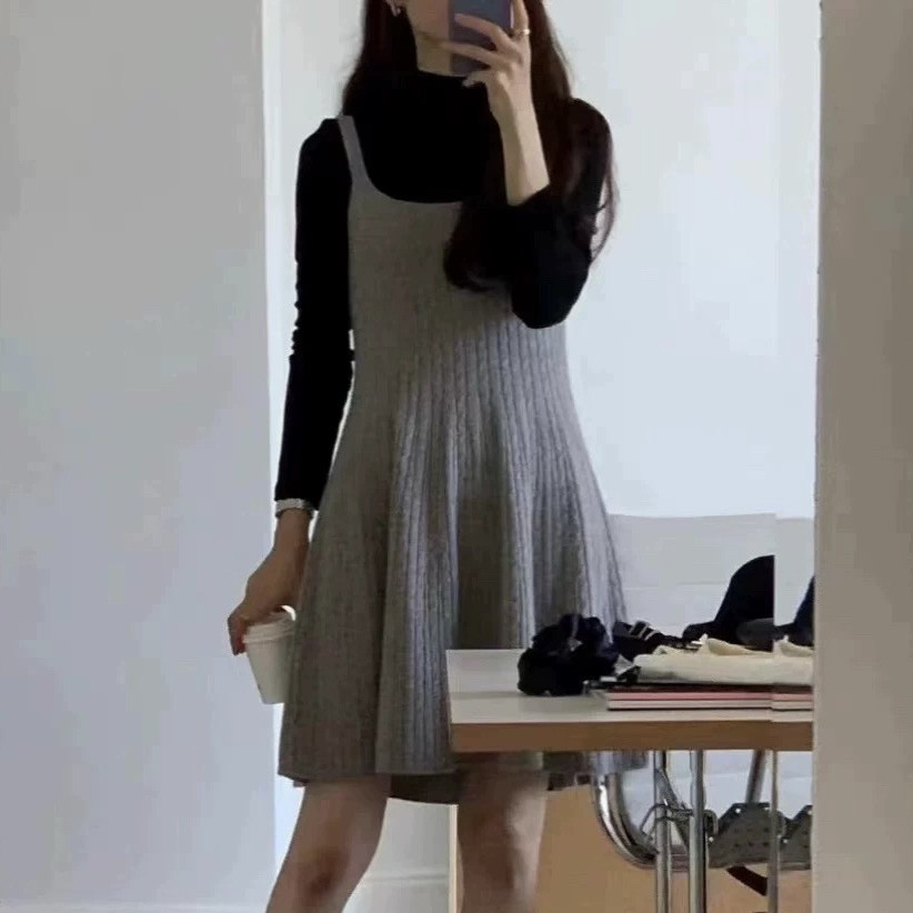 春季新款优雅韩版纯色气质毛线针织裙吊带背心裙年会连衣裙0791