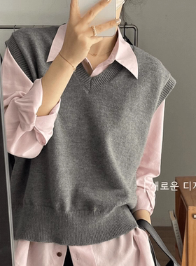 日系黑色v领针织无袖马甲女秋季外搭学院风叠穿坎肩毛衣背心上衣