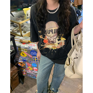 李潇洒微胖mm 设计感宽松百搭上衣 不规则单边露肩短袖 t恤女夏大码