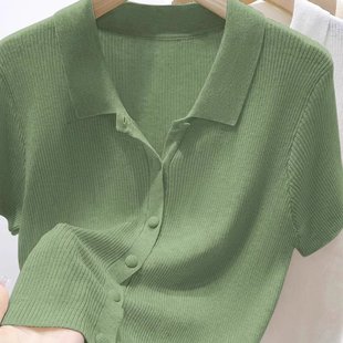 T恤上衣 老钱风绿色Polo领针织开衫 女2025年夏季 新款 宽松显瘦短袖