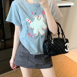 上衣女装 实拍纯棉螺纹短袖 卡通刺绣花圆领韩版 t恤夏2025短款 修身