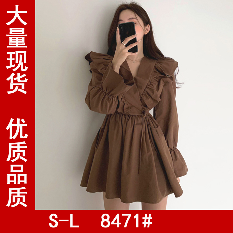韩国chic复古V领交叉荷叶边系带收腰喇叭袖短款小个子连衣裙