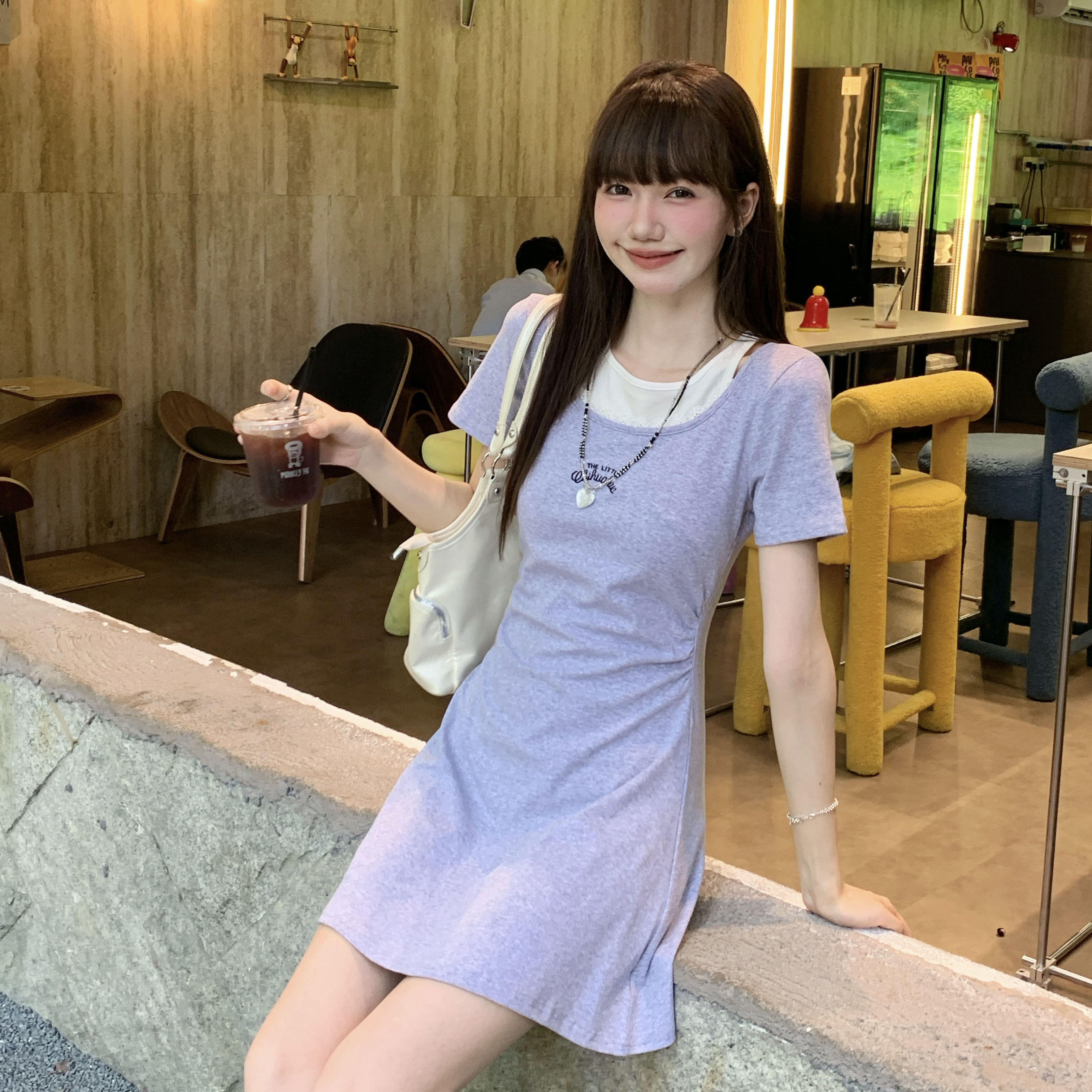 实拍实价#灰色韩系减龄学院风拼接花边假两件连衣裙夏季收腰修身