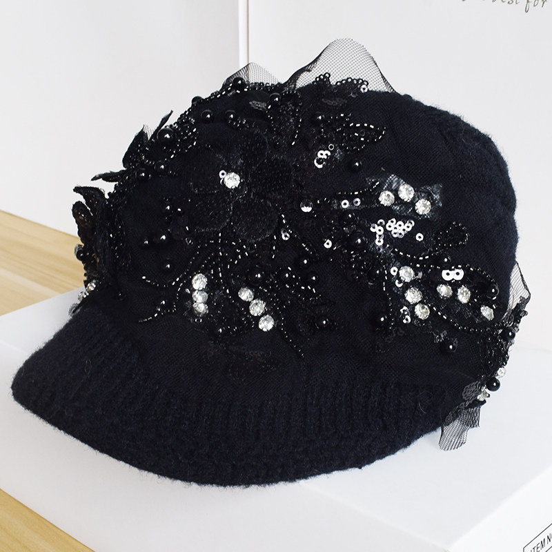 2024秋冬女士妈妈保暖帽子 时尚优雅镶钻网纱珍珠花朵针织帽