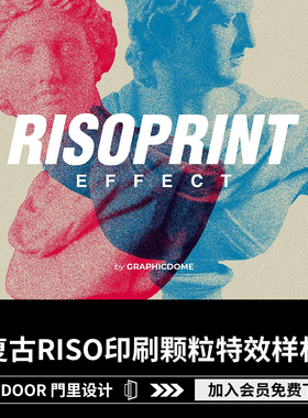 潮流复古RISO油墨印刷叠印颗粒噪点特效滤镜模板PSD贴图样机素材