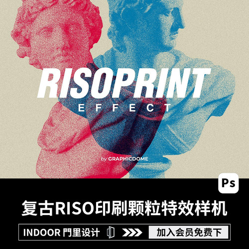 潮流复古RISO油墨印刷叠印颗粒噪点特效滤镜模板PSD贴图样机素材