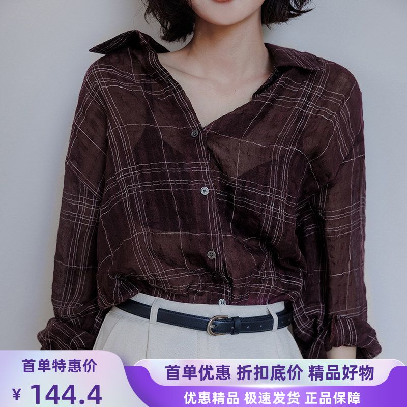 纯棉格纹衬衫轻薄透感休闲上衣