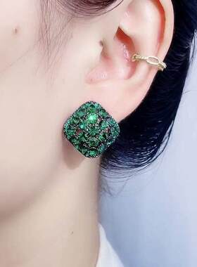 【下单立减50】绿色方形复古耳夹耳环女设计感网红百搭耳坠WT