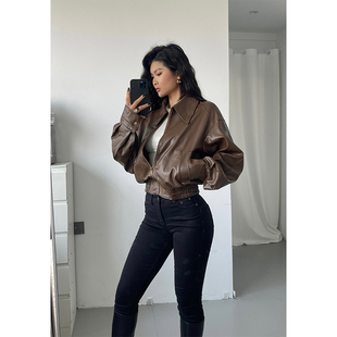 机车夹克上衣 井也 美式 复古pu皮衣外套女2023秋新款 宽松气质短款