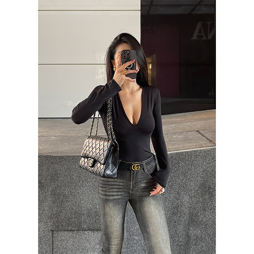 辣妹V领长袖打底连体衣女秋