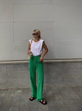 井也 欧美ins高腰直筒阔腿显瘦玫红色牛仔裤女2023夏季绿色裤子