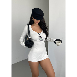 井也 U字领长袖中长款T恤女秋季新款收腰设计感小众薄款打底罩衫