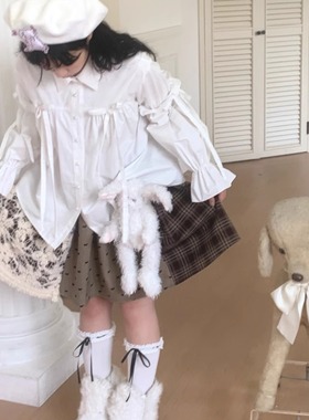 daytoday日常研究所 可爱的诗 蝴蝶结泡泡袖宽松红格子长袖衬衫