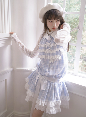 daytoday日常研究所 天使之心蓝色格子提花花边低腰无袖连衣裙