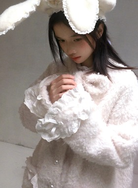 daytoday日常研究所 可爱的诗 软乎乎毛绒长款保暖蝴蝶结大衣外套