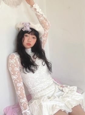 daytoday日常研究所 可爱的诗 蝴蝶结提花弹力高领长袖打底上衣