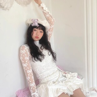 daytoday日常研究所 可爱的诗 蝴蝶结提花弹力高领长袖打底上衣