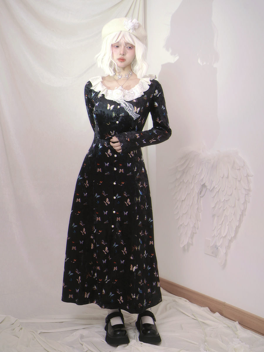 蝴蝶印花复古优雅丝绒长袖连衣裙