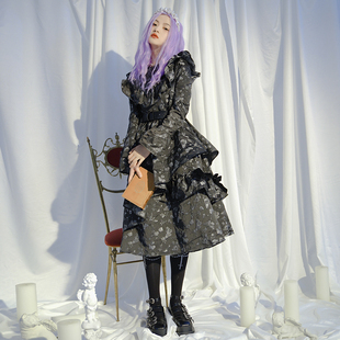 daytoday日常研究所爱は恐怖蝴蝶提花蕾丝格子不规则长袖 连衣裙