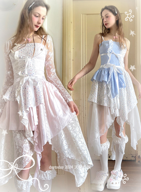 daytoday日常研究所天使の泪流浪感碎花格子拼接不规则吊带连衣裙