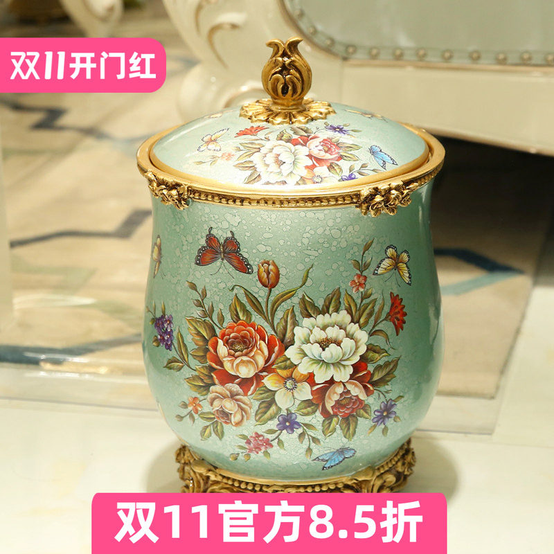 大号欧式复古客厅带盖垃圾桶家用创意装饰品收纳桶树脂工艺品摆件